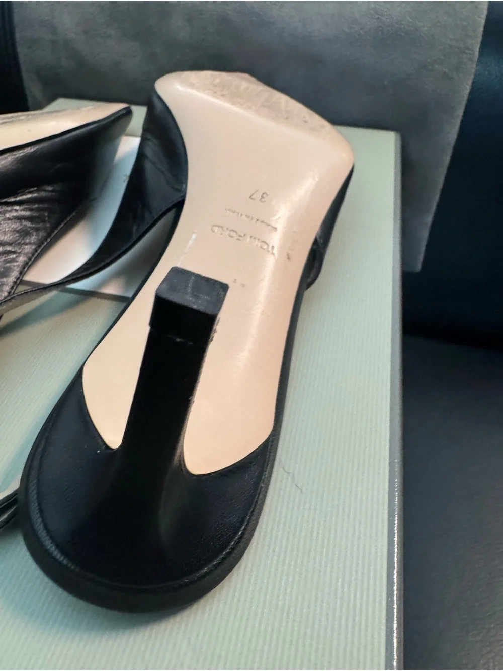 Tom Ford Black Leather Pointed Slingback Heels with Gold Buckle